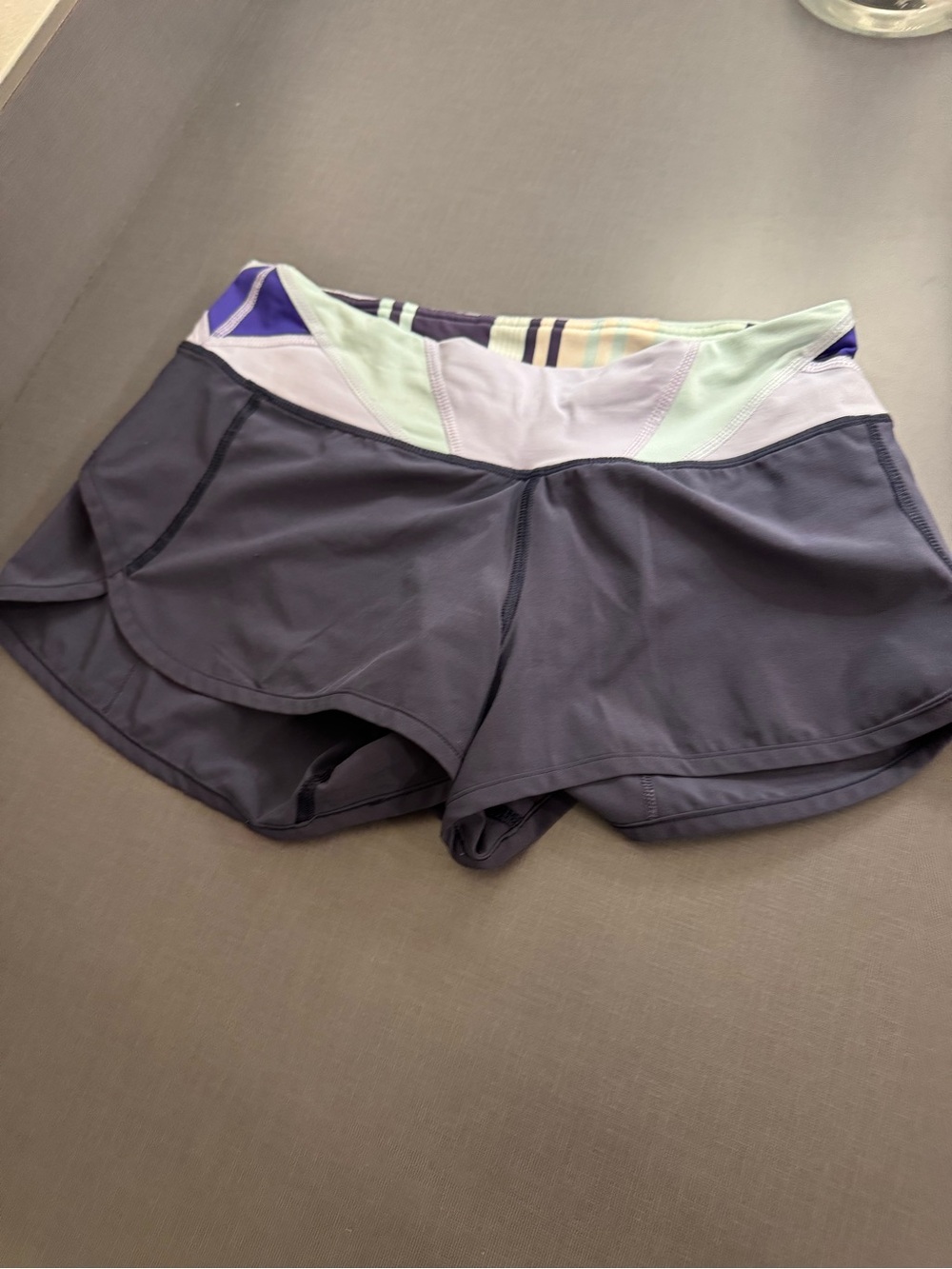 lululemon athletica Womens Dark Gray Running Shorts with Mint & Purple Waistband